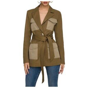 Good American Dirty Olive Two Tone Utility Belted Blazer Jacket